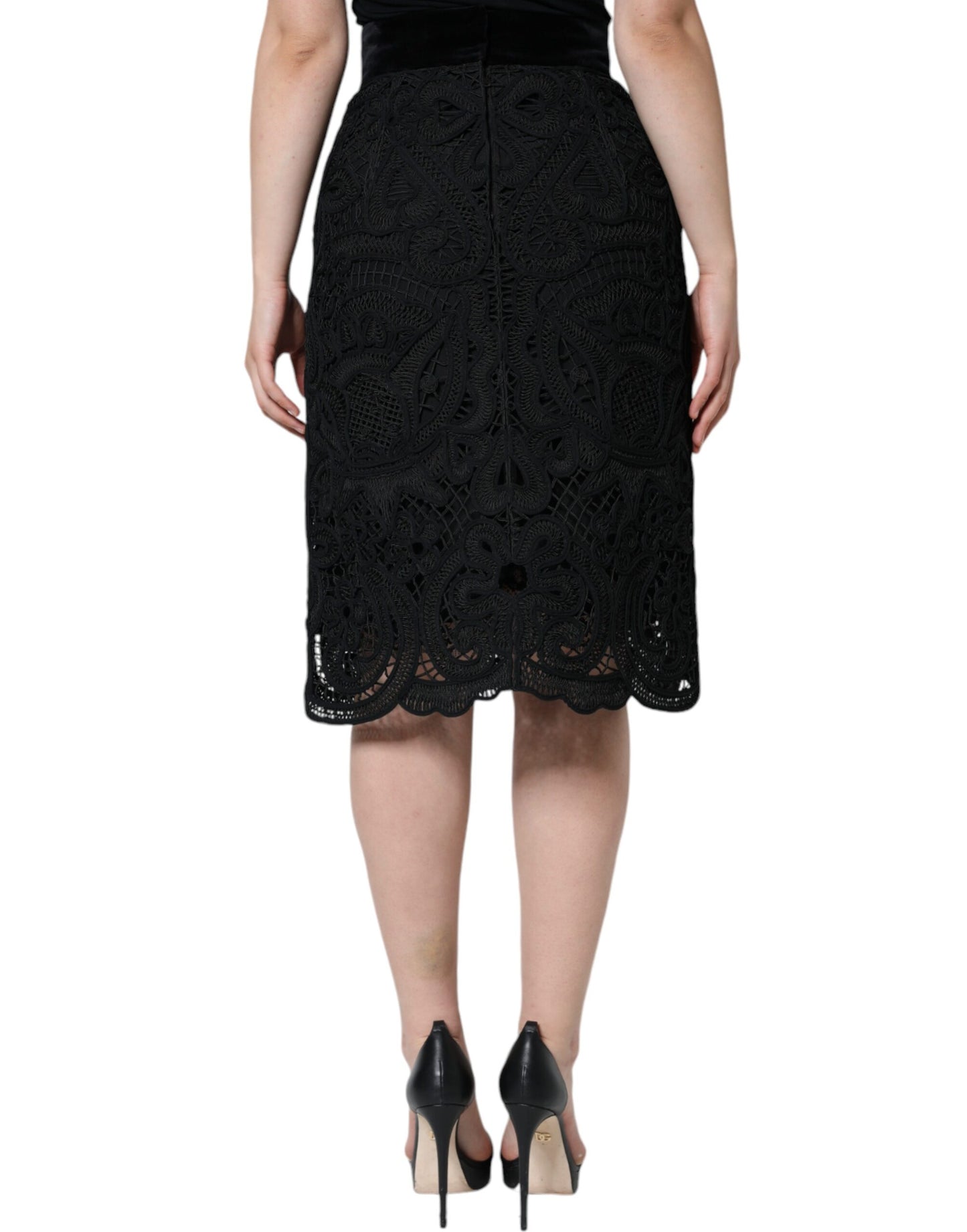 Dolce &amp; Gabbana Black Floral Lace High Waist Pencil Cut Skirt