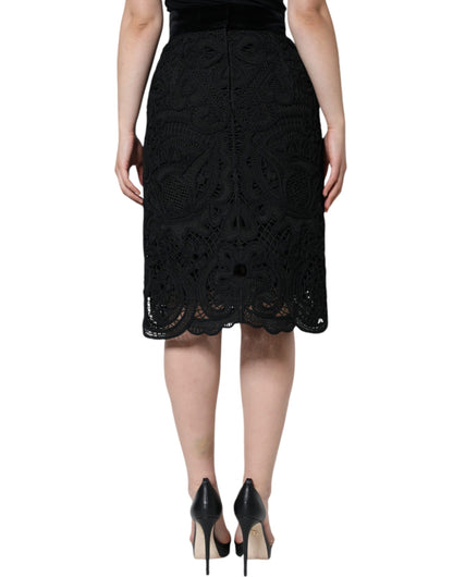 Dolce &amp; Gabbana Black Floral Lace High Waist Pencil Cut Skirt