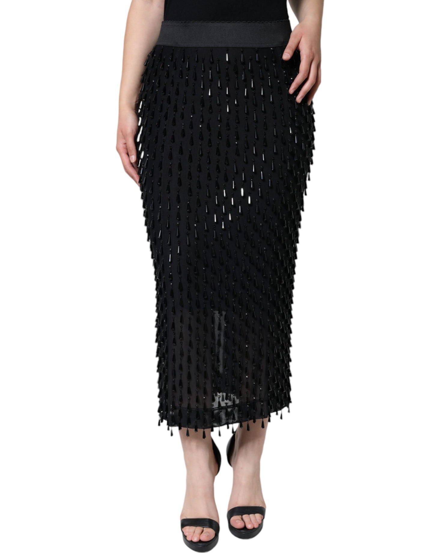 Dolce &amp; Gabbana Black Embellished Pencil Cut Midi Skirt