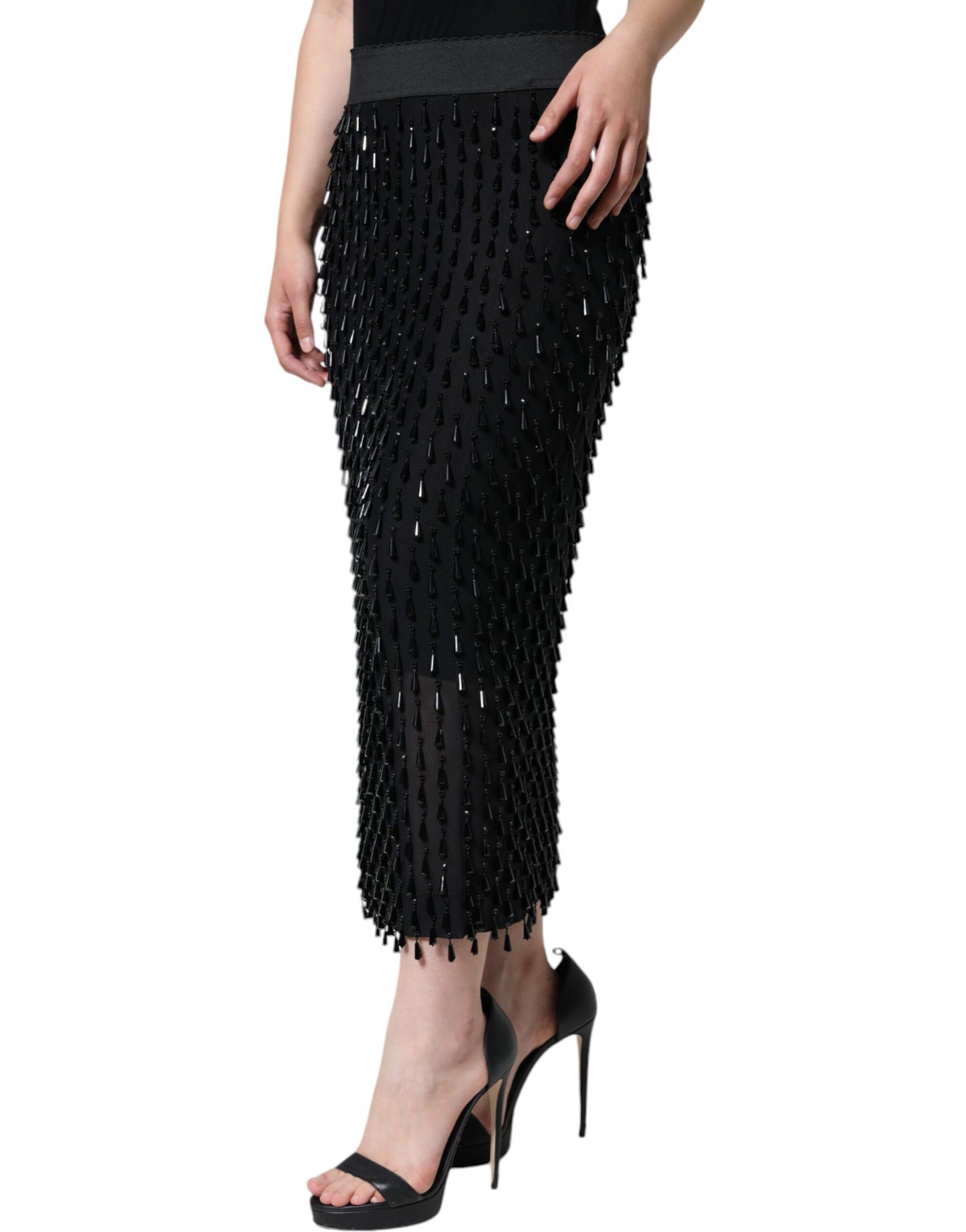 Dolce &amp; Gabbana Black Embellished Pencil Cut Midi Skirt