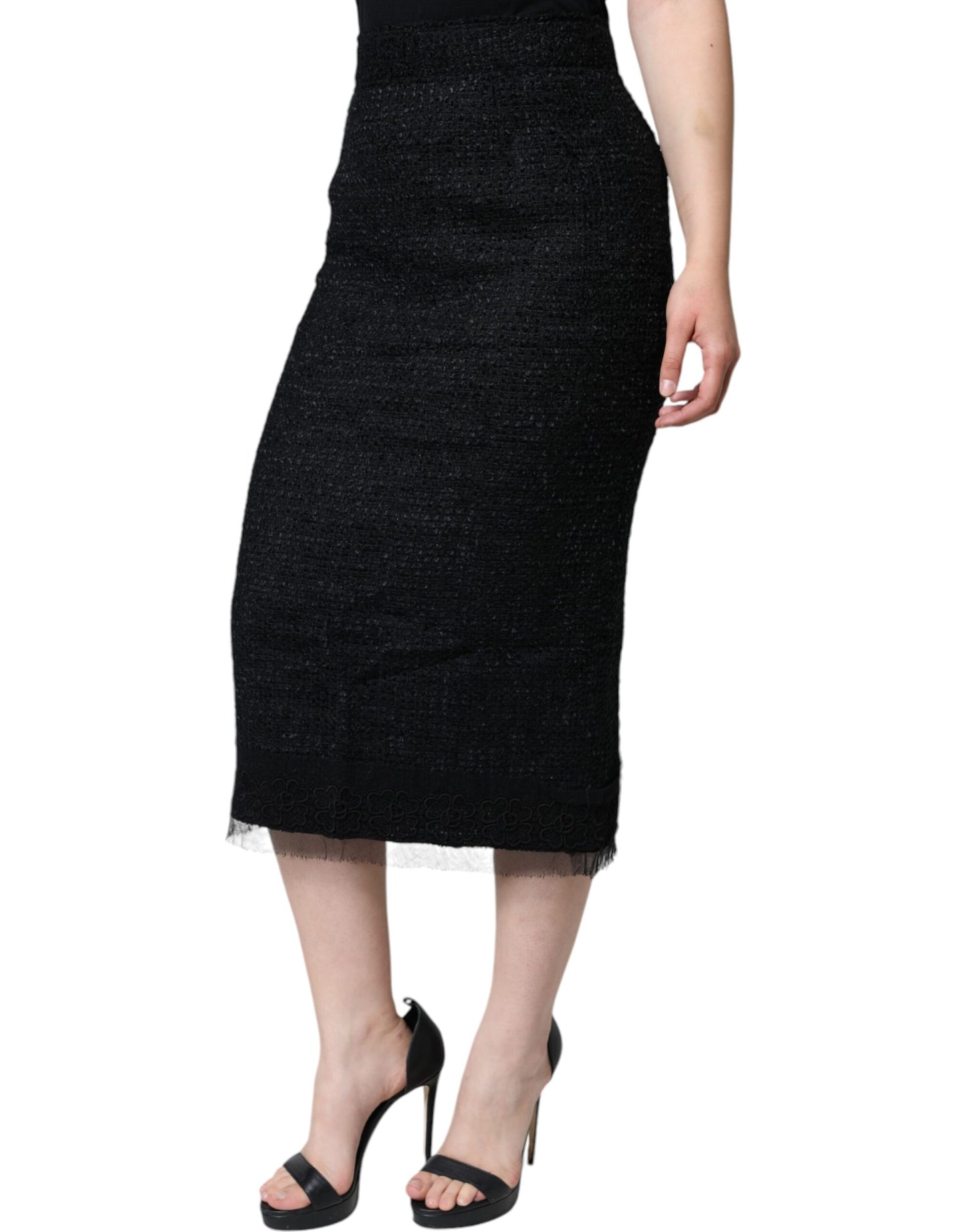 Dolce &amp; Gabbana Black Virgin Wool Pencil Cut Midi Skirt