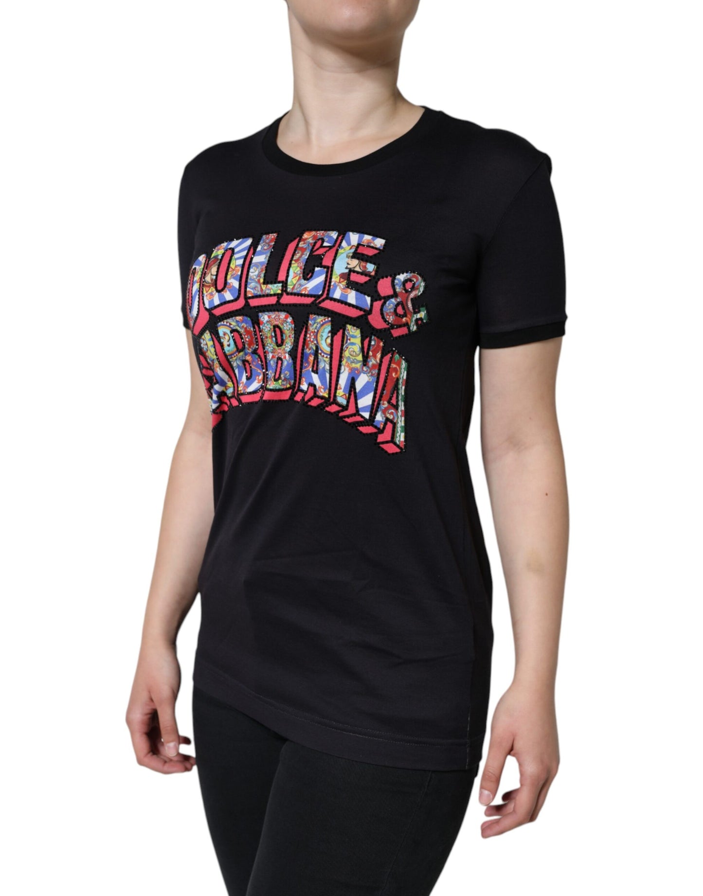 Dolce &amp; Gabbana Black Cotton Logo Print Round Neck T-shirt