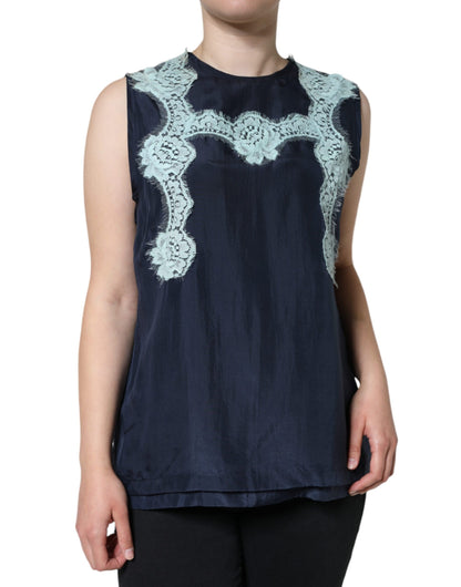 Dolce &amp; Gabbana Blue Floral Lace Silk Sleeveless Tank Top