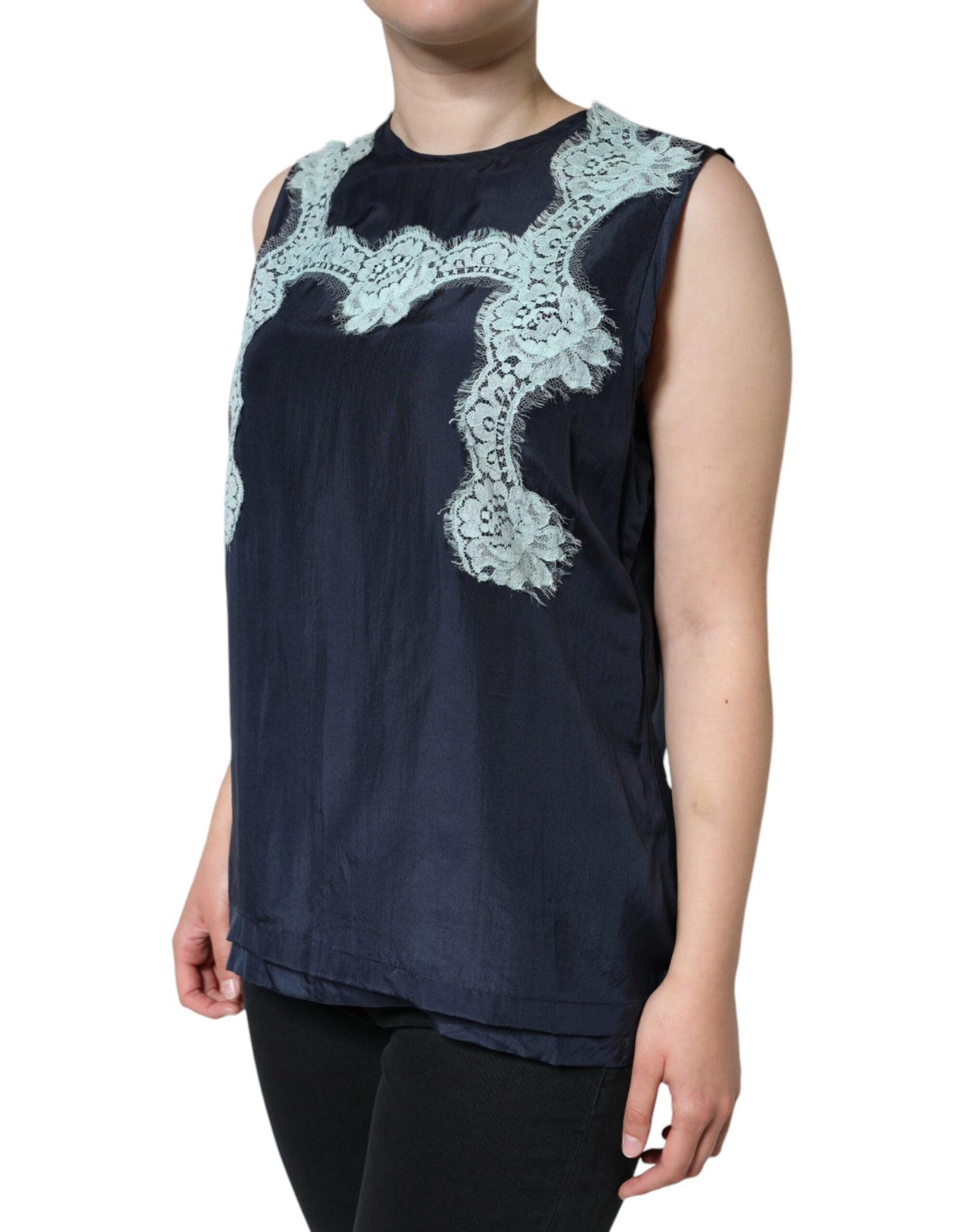 Dolce &amp; Gabbana Blue Floral Lace Silk Sleeveless Tank Top