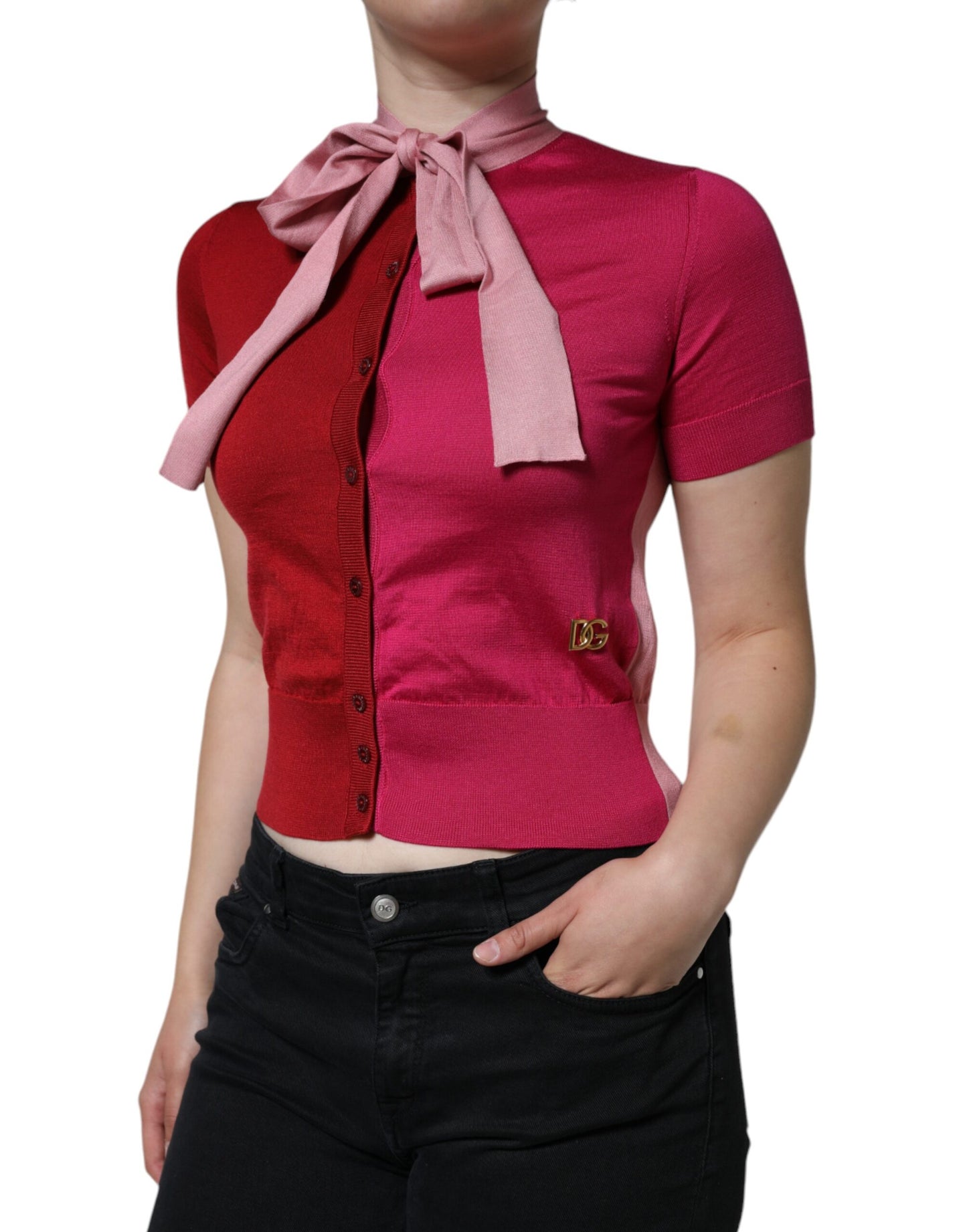 Dolce &amp; Gabbana Pink Short Sleeves Pullover Ascot Collar Top