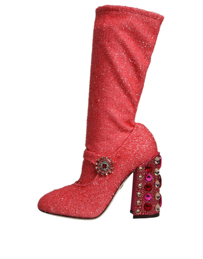 Dolce &amp; Gabbana Pink Crystal Lurex Fantasy High Boots Shoes