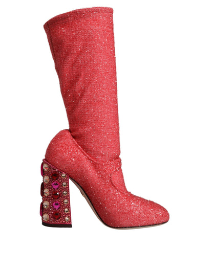 Dolce &amp; Gabbana Pink Crystal Lurex Fantasy High Boots Shoes