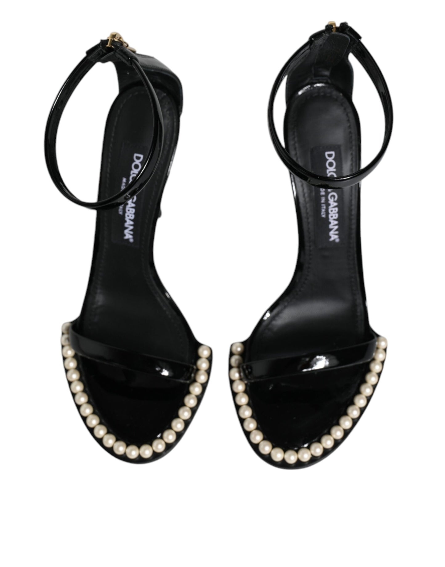 Dolce &amp; Gabbana Black Keira Leather Faux Pearl Sandals Heels Shoes