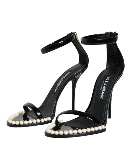 Dolce &amp; Gabbana Black Keira Leather Faux Pearl Sandals Heels Shoes