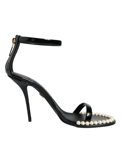 Dolce &amp; Gabbana Black Keira Leather Faux Pearl Sandals Heels Shoes