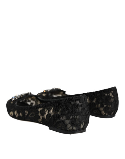 Dolce & Gabbana Black Lace Crystal Ballet Flats Loafer Shoes