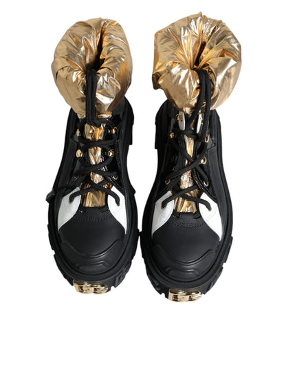 Dolce &amp; Gabbana Black Gold Leather Trekking Ankle Boots Shoes