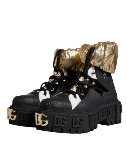 Dolce &amp; Gabbana Black Gold Leather Trekking Ankle Boots Shoes