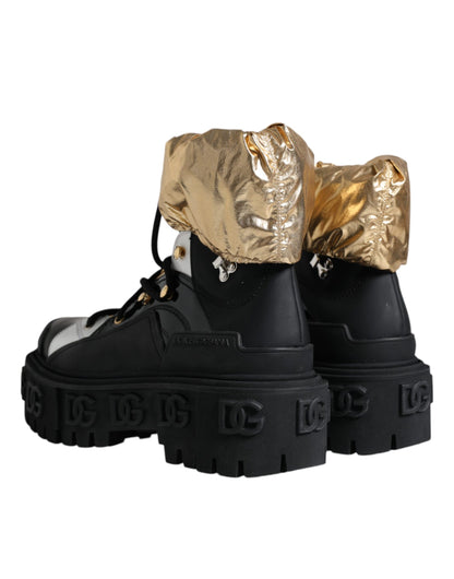 Dolce &amp; Gabbana Black Gold Leather Trekking Ankle Boots Shoes