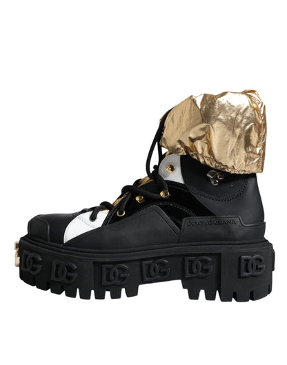 Dolce &amp; Gabbana Black Gold Leather Trekking Ankle Boots Shoes