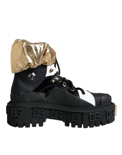 Dolce &amp; Gabbana Black Gold Leather Trekking Ankle Boots Shoes