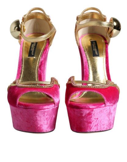 Dolce &amp; Gabbana Pink Velvet Platform Ankle Strap Heel Sandals Shoes