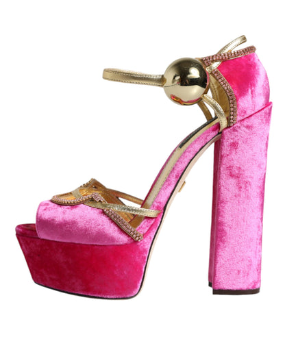 Dolce &amp; Gabbana Pink Velvet Platform Ankle Strap Heel Sandals Shoes