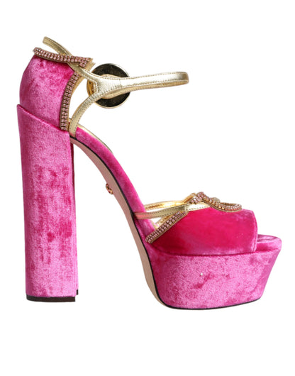 Dolce &amp; Gabbana Pink Velvet Platform Ankle Strap Heel Sandals Shoes