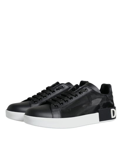 Dolce &amp; Gabbana Black Calf Leather Portofino Sneakers Shoes