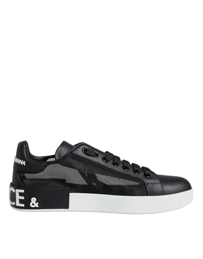 Dolce &amp; Gabbana Black Calf Leather Portofino Sneakers Shoes