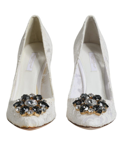 Dolce &amp; Gabbana White Taormina Lace Crystal Heel Pumps Shoes