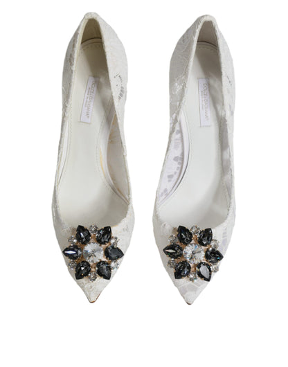 Dolce &amp; Gabbana White Taormina Lace Crystal Heel Pumps Shoes