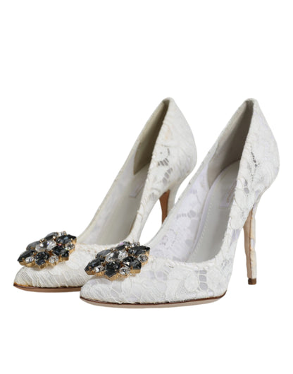 Dolce &amp; Gabbana White Taormina Lace Crystal Heel Pumps Shoes