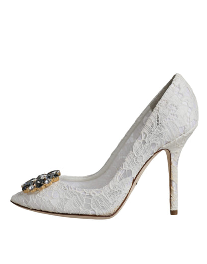 Dolce &amp; Gabbana White Taormina Lace Crystal Heel Pumps Shoes