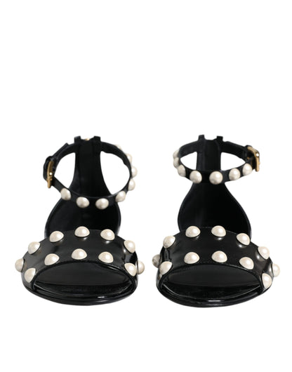 Dolce &amp; Gabbana Black Leather Pearls Ankle Strap Sandals Shoes