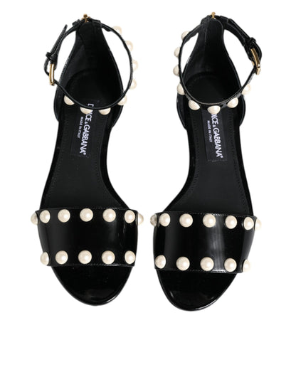 Dolce &amp; Gabbana Black Leather Pearls Ankle Strap Sandals Shoes