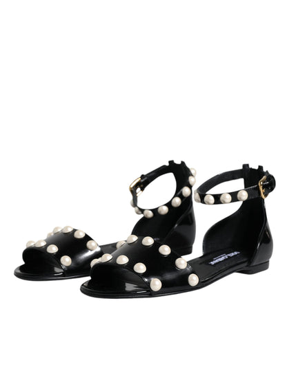 Dolce &amp; Gabbana Black Leather Pearls Ankle Strap Sandals Shoes