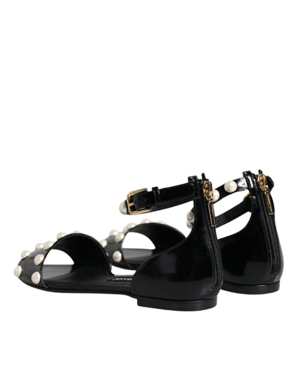 Dolce &amp; Gabbana Black Leather Pearls Ankle Strap Sandals Shoes