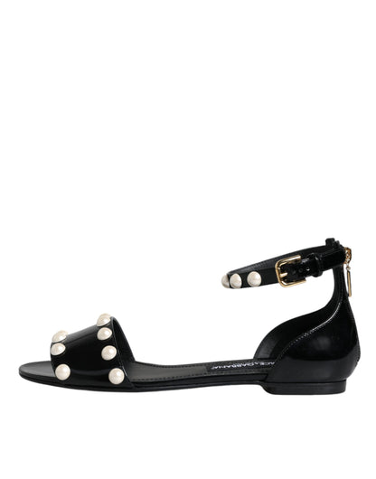 Dolce &amp; Gabbana Black Leather Pearls Ankle Strap Sandals Shoes