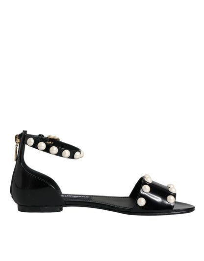 Dolce &amp; Gabbana Black Leather Pearls Ankle Strap Sandals Shoes