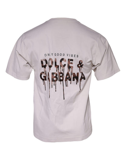 Dolce &amp; Gabbana Beige Logo Cotton Blend Crew Neck T-shirt