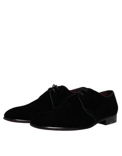 Dolce &amp; Gabbana Black Velvet Leather Lace Up Men Derby Shoes