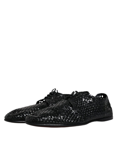 Dolce &amp; Gabbana Black Woven Leather Lave Up Derby Shoes