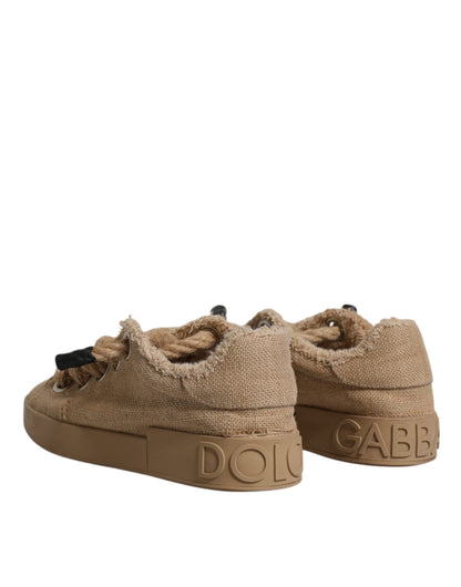 Dolce &amp; Gabbana Brown Jute Fabric Low Top Men Sneakers Shoes