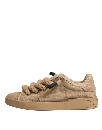 Dolce &amp; Gabbana Brown Jute Fabric Low Top Men Sneakers Shoes