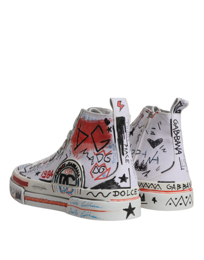 Dolce &amp; Gabbana White Cotton Graffiti High Top Sneaker Shoes