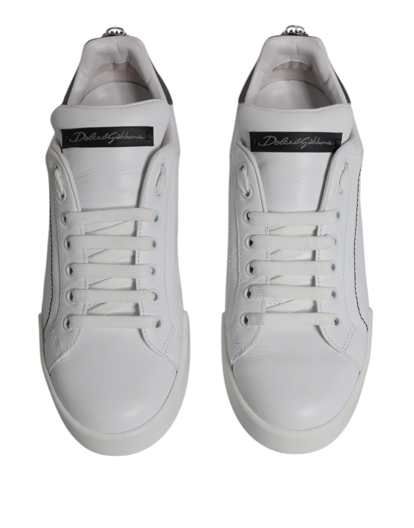 Dolce &amp; Gabbana White Silver Leather Low Top Men Sneakers Shoes