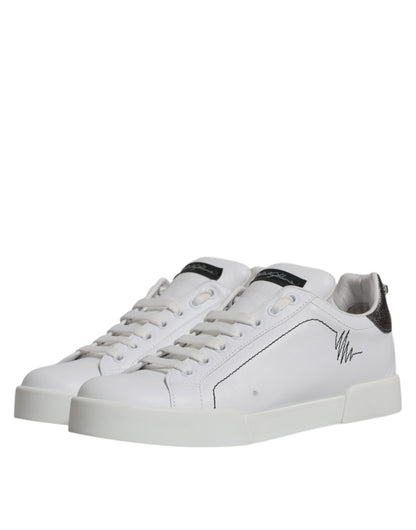 Dolce &amp; Gabbana White Silver Leather Low Top Men Sneakers Shoes