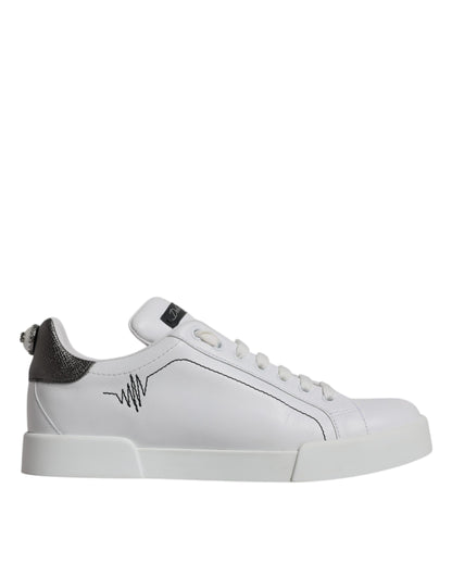 Dolce &amp; Gabbana White Silver Leather Low Top Men Sneakers Shoes