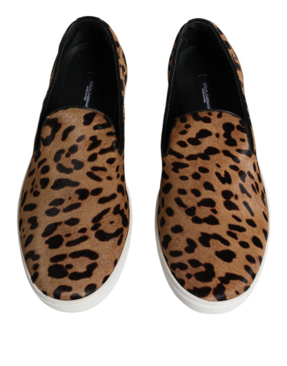 Dolce &amp; Gabbana Brown Calfskin Fur Leopard Men Sneakers Shoes