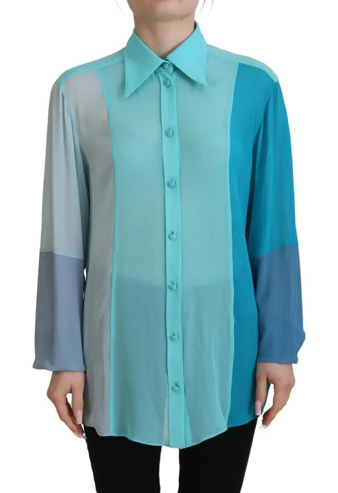 Dolce &amp; Gabbana Blue Collar Long Sleeve Blouse Silk Top