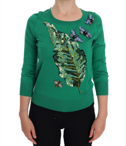 Dolce &amp; Gabbana Embellished Green Silk Pullover Sweater