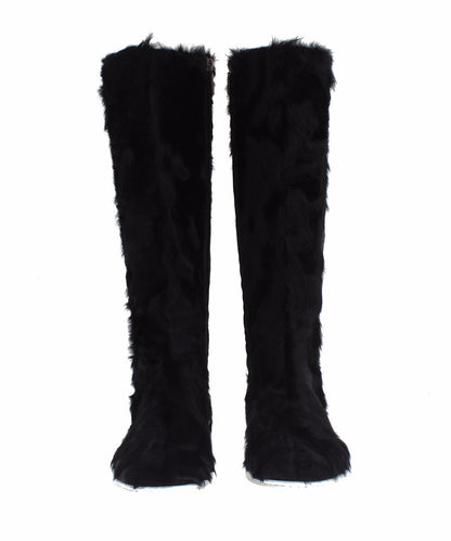 Dolce &amp; Gabbana Elegant Black Fur Leather Flat Sneaker Boots