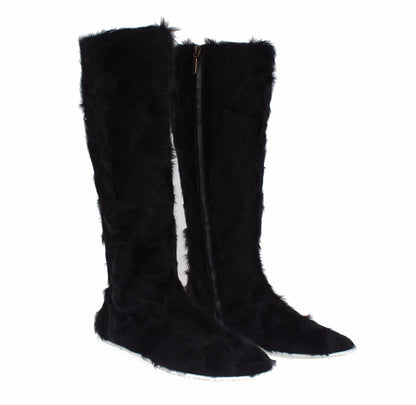 Dolce &amp; Gabbana Elegant Black Fur Leather Flat Sneaker Boots