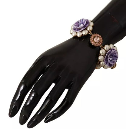 Dolce &amp; Gabbana FIORI BLOOMING Floral Baroque Crystals Brass Bracelet